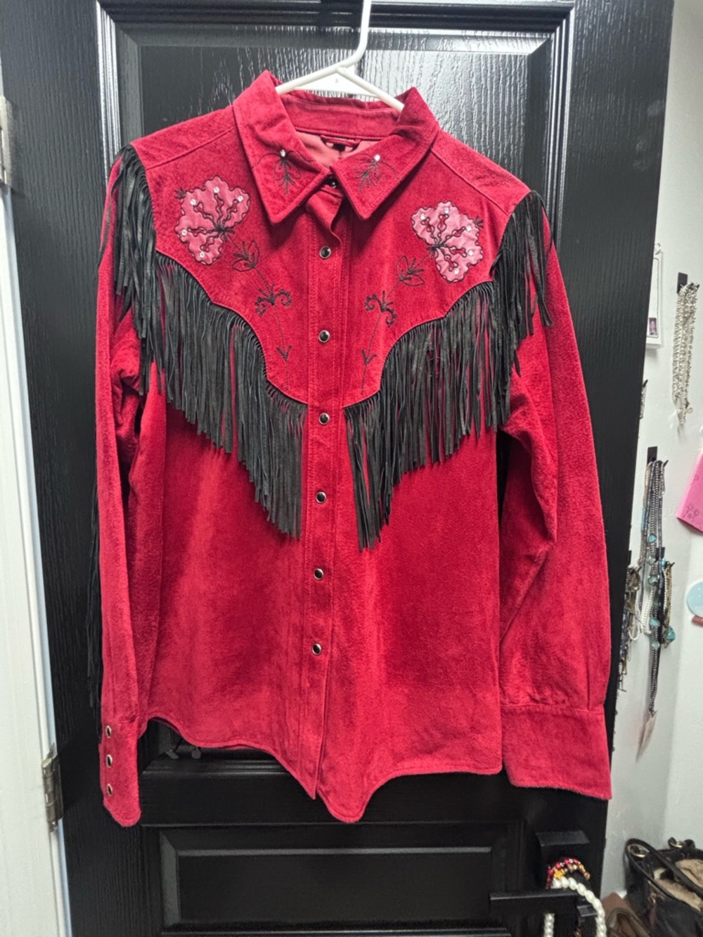 Cripple creek Red leather  Fringe Western Shirt Jacket with bling